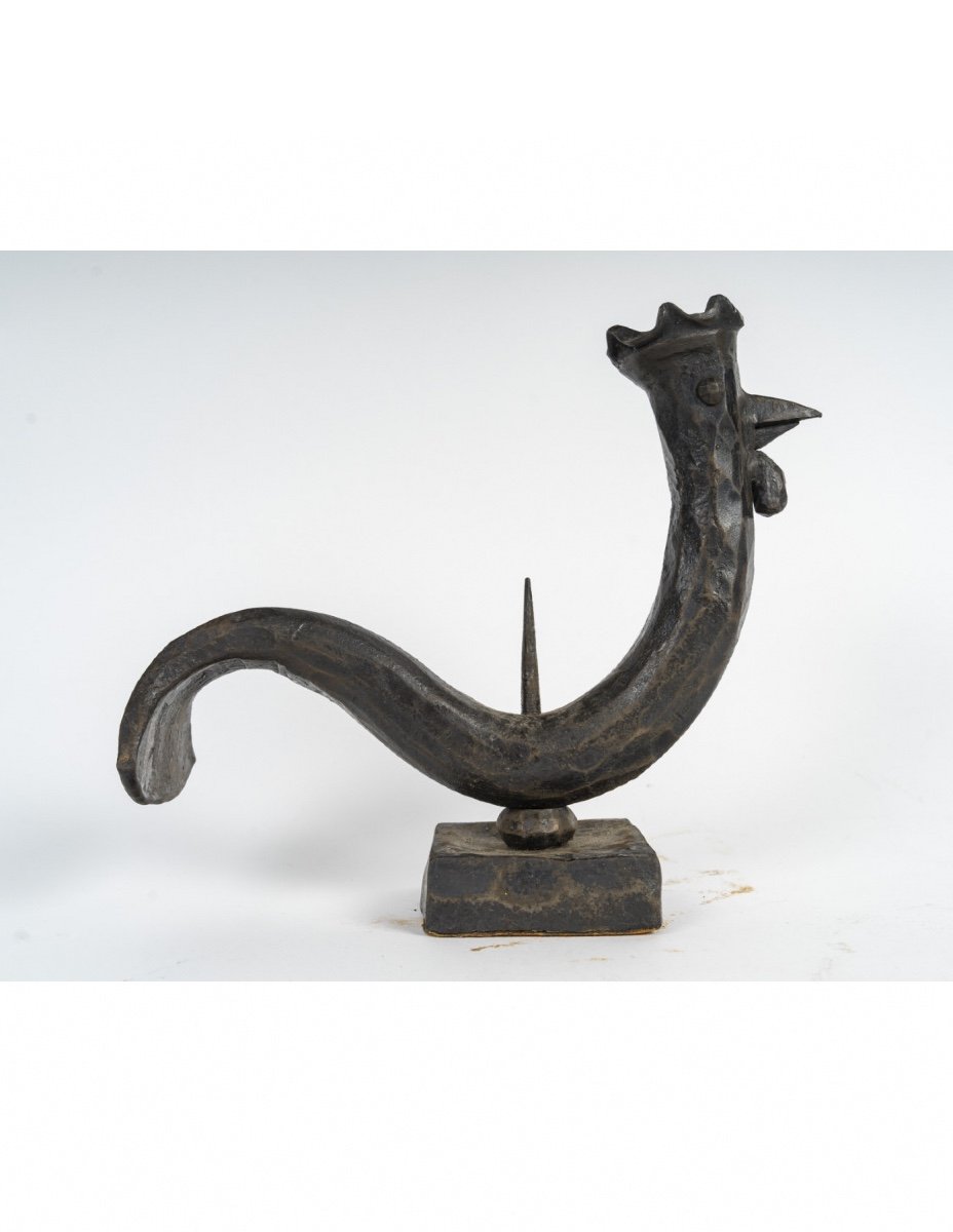 Candlestick, Hammered Wrought Iron Rooster, 1940, 20th Century-photo-2