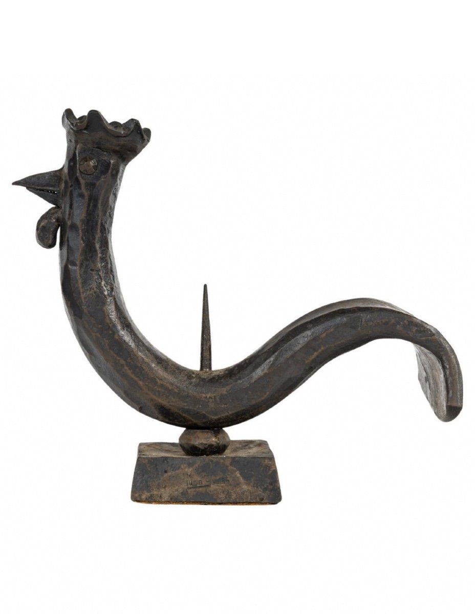 Candlestick, Hammered Wrought Iron Rooster, 1940, 20th Century