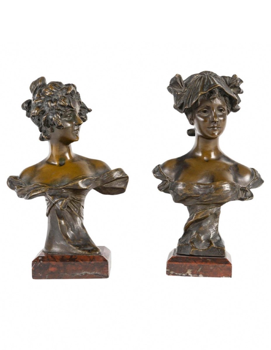 Paire De Sculptures En Bronze Par Van Der Straeten, Art Nouveau, 1900.