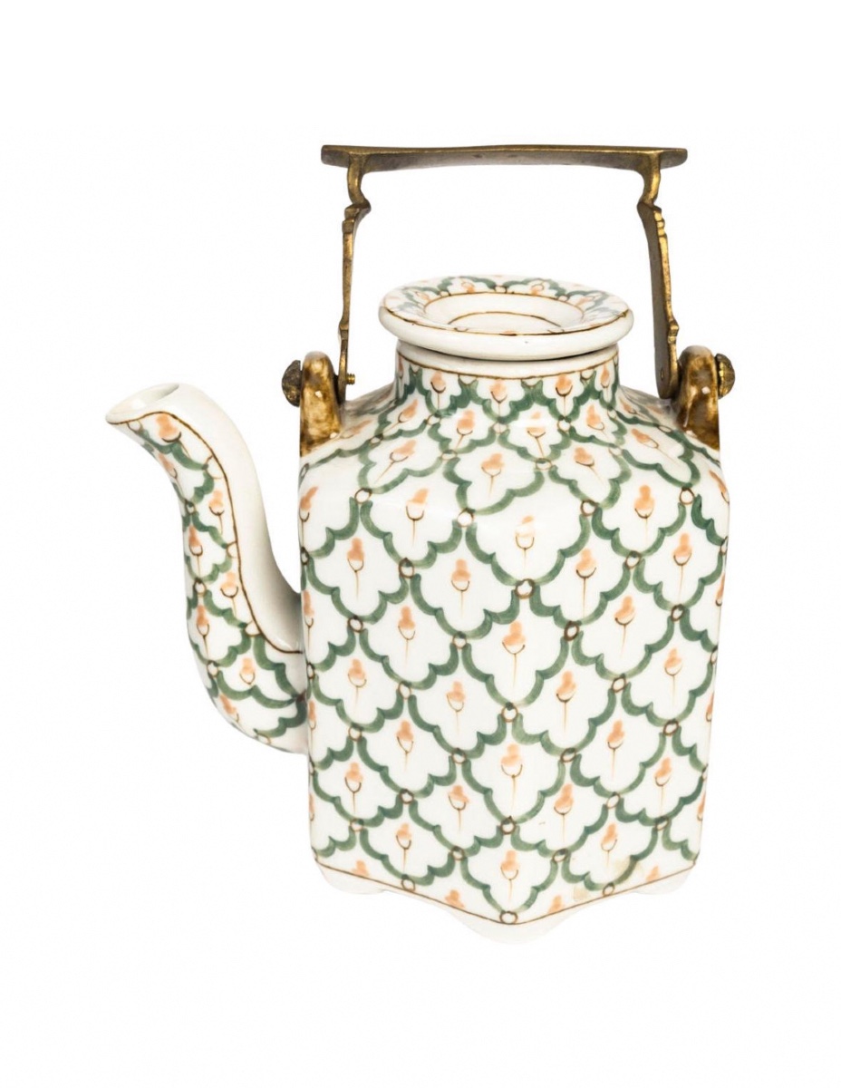 Porcelain Teapot With Bronze Handle, 20th Century.