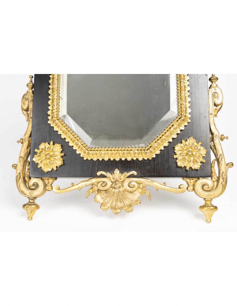 Miroir De Table, D’époque Napoléon III En Bronze Ciselé Et Doré Sur ébène.-photo-4