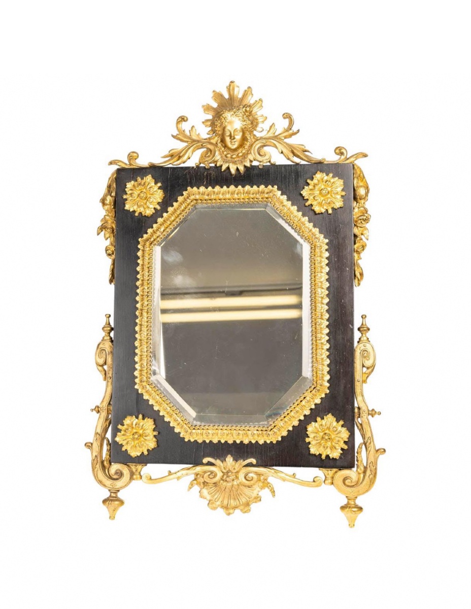 Miroir De Table, D’époque Napoléon III En Bronze Ciselé Et Doré Sur ébène.