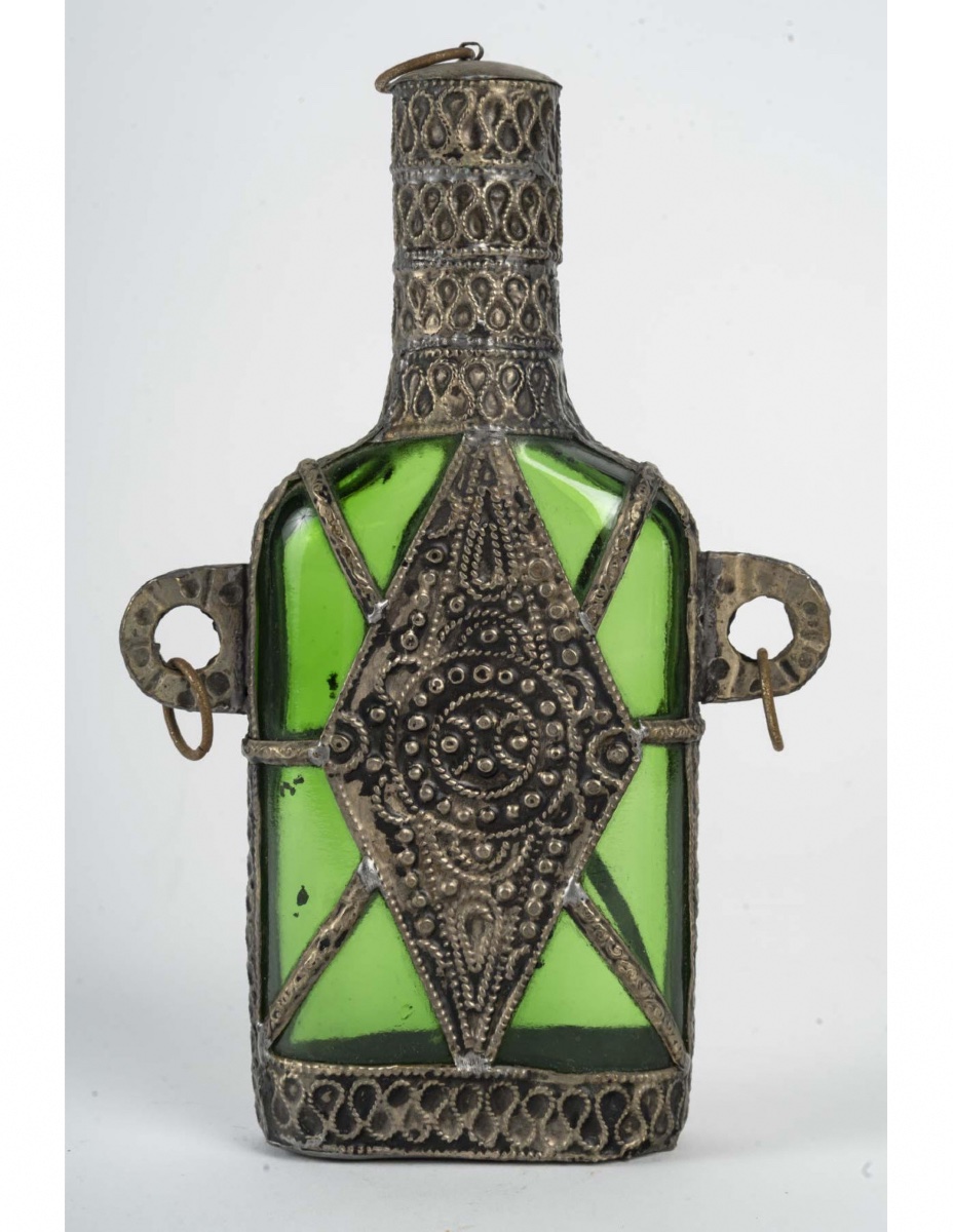 Bottle Decorated With Applied Metal, Orientalist Art, 20th Century.-photo-3