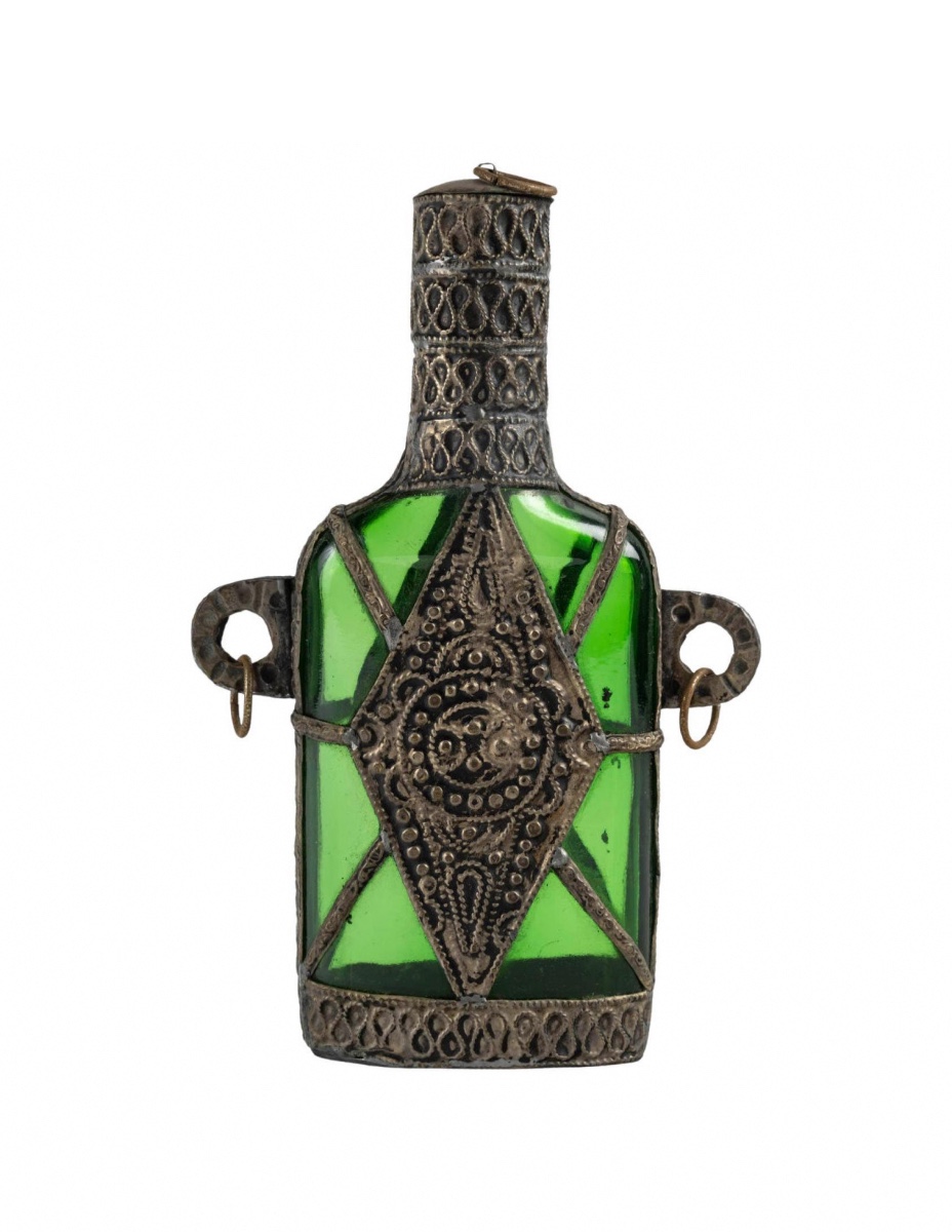 Bottle Decorated With Applied Metal, Orientalist Art, 20th Century.