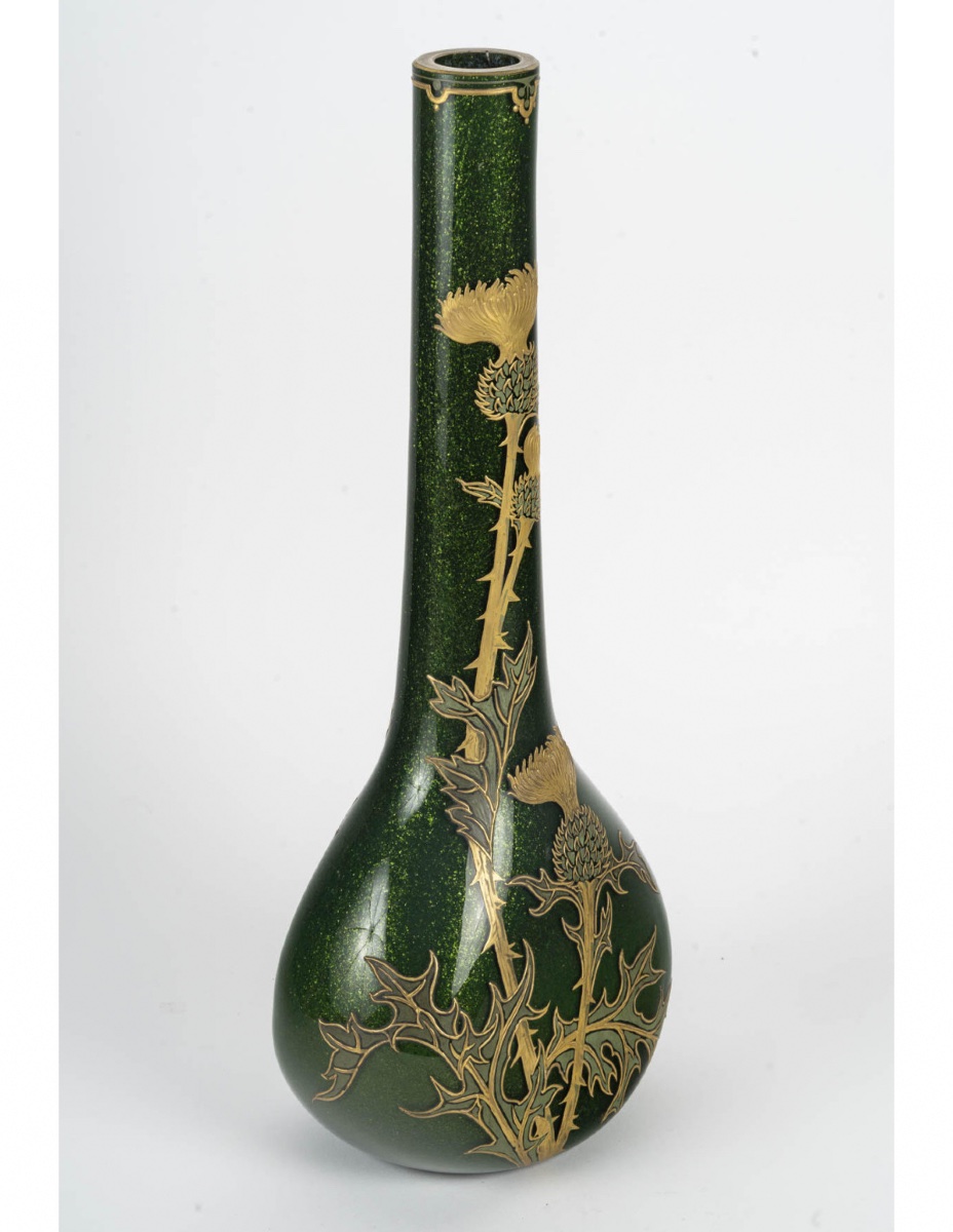 Vase Montjoye, Décor Aux Chardons, Verre Irisé, 1900, Art Nouveau.-photo-3