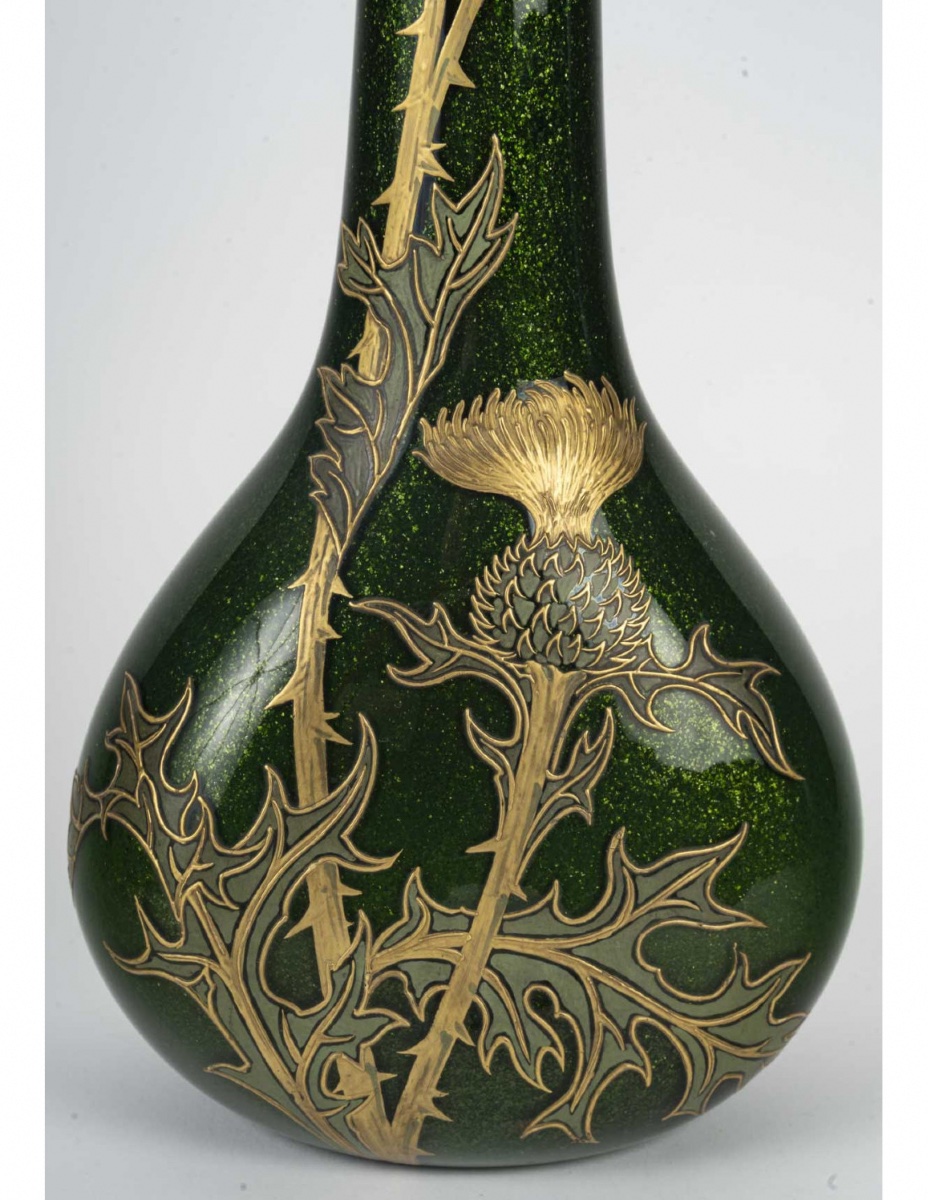 Vase Montjoye, Décor Aux Chardons, Verre Irisé, 1900, Art Nouveau.-photo-4