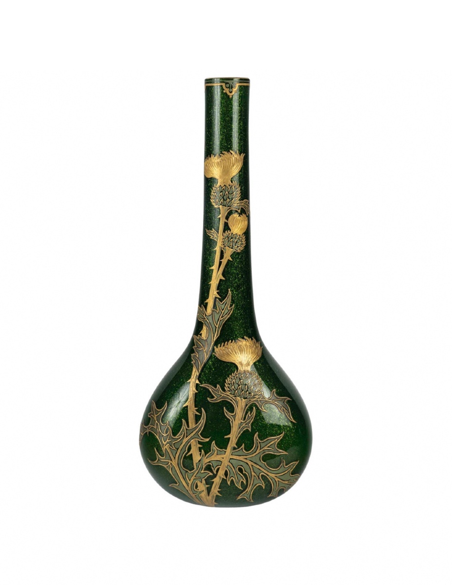 Montjoye Vase, Thistle Decor, Iridescent Glass, 1900, Art Nouveau.