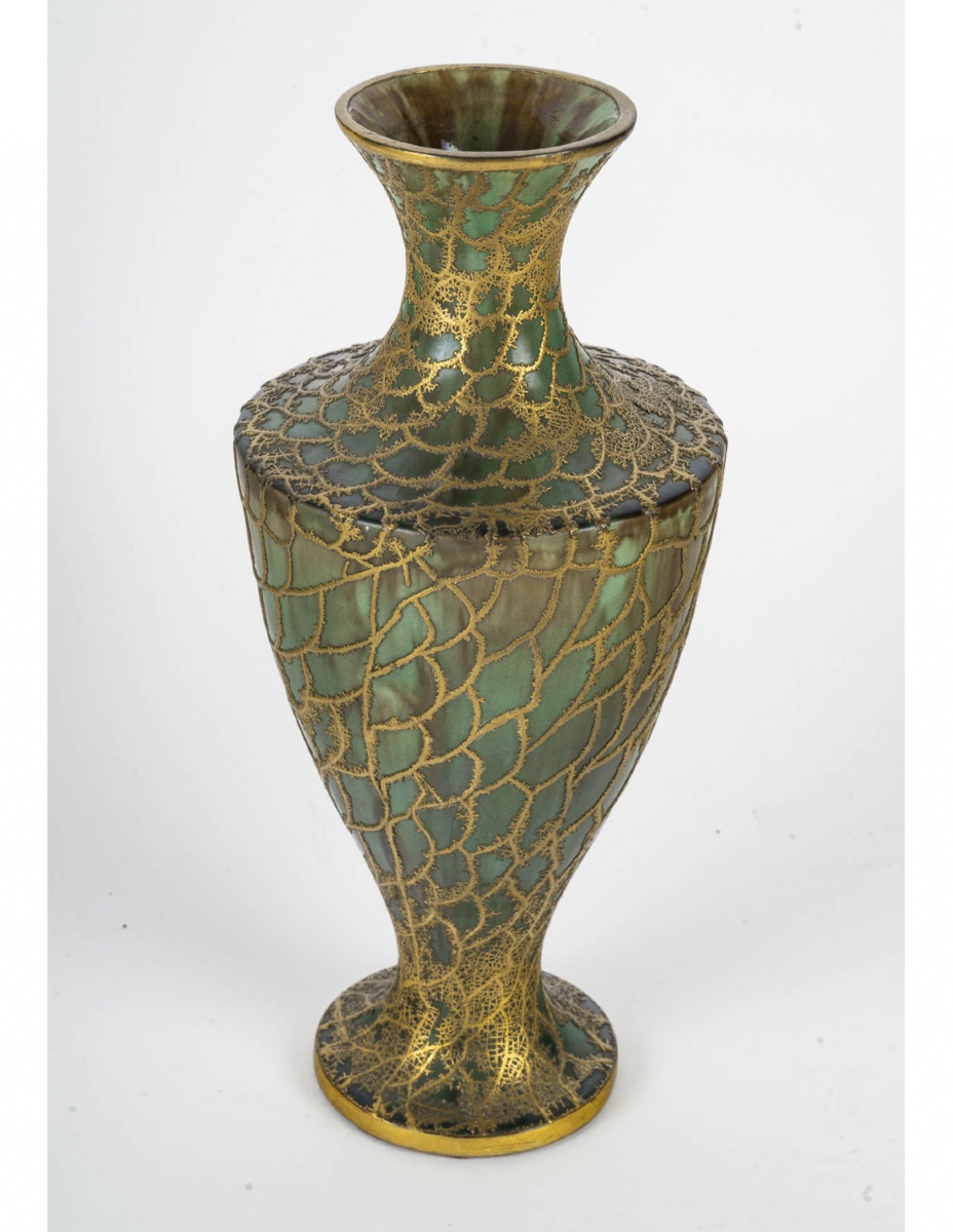 Ceramic Vase Covered With Brass Decoration, 20th Century.-photo-2