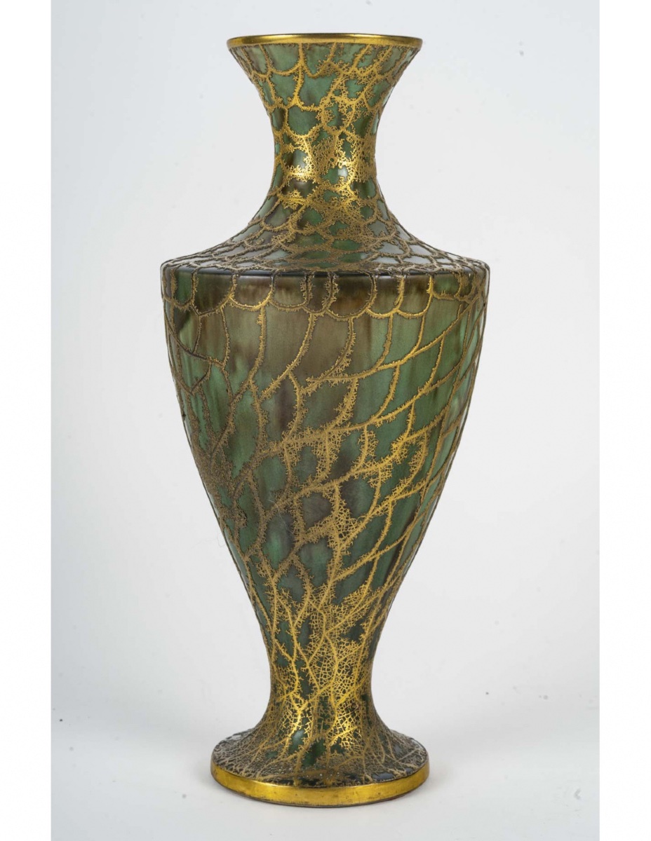 Ceramic Vase Covered With Brass Decoration, 20th Century.-photo-3