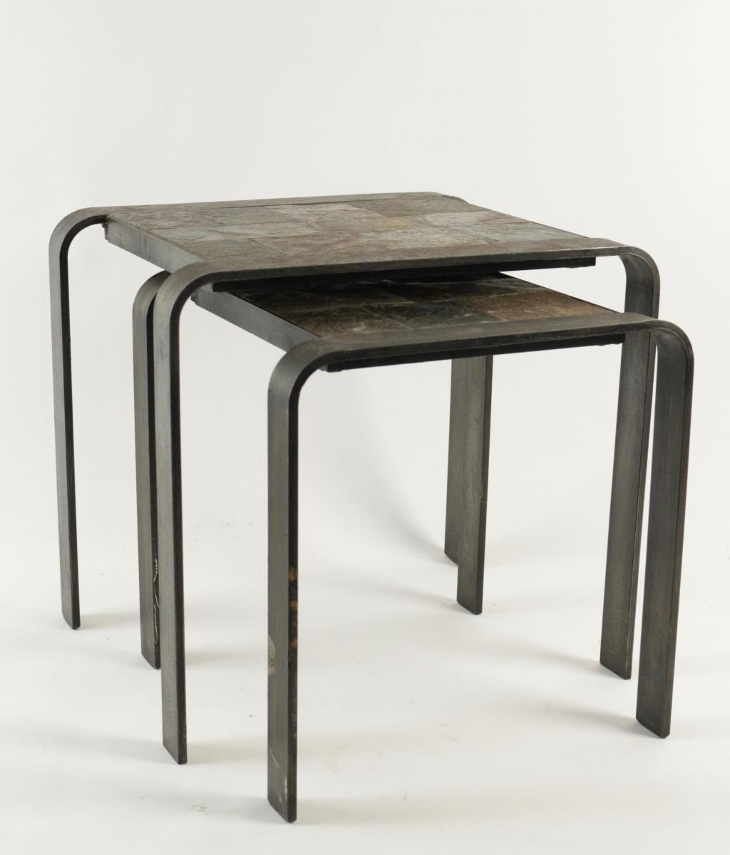 Table Gigogne Des Années 1960-1970 En Fer Forgé Et Ardoise.