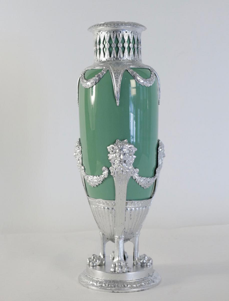 Celadon Vase In Faience, With Silver Plate And Silver Leaf