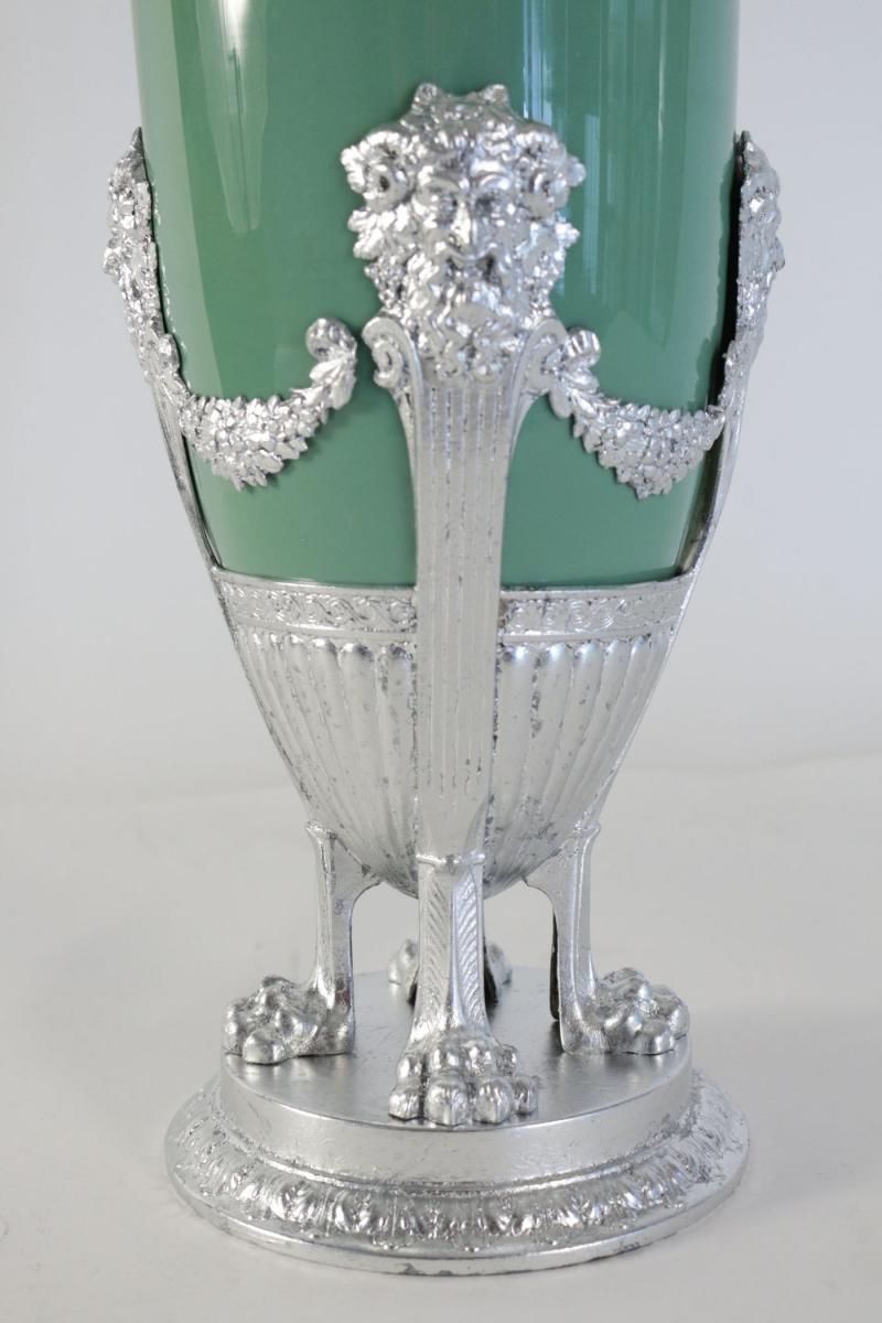 Celadon Vase In Faience, With Silver Plate And Silver Leaf-photo-2