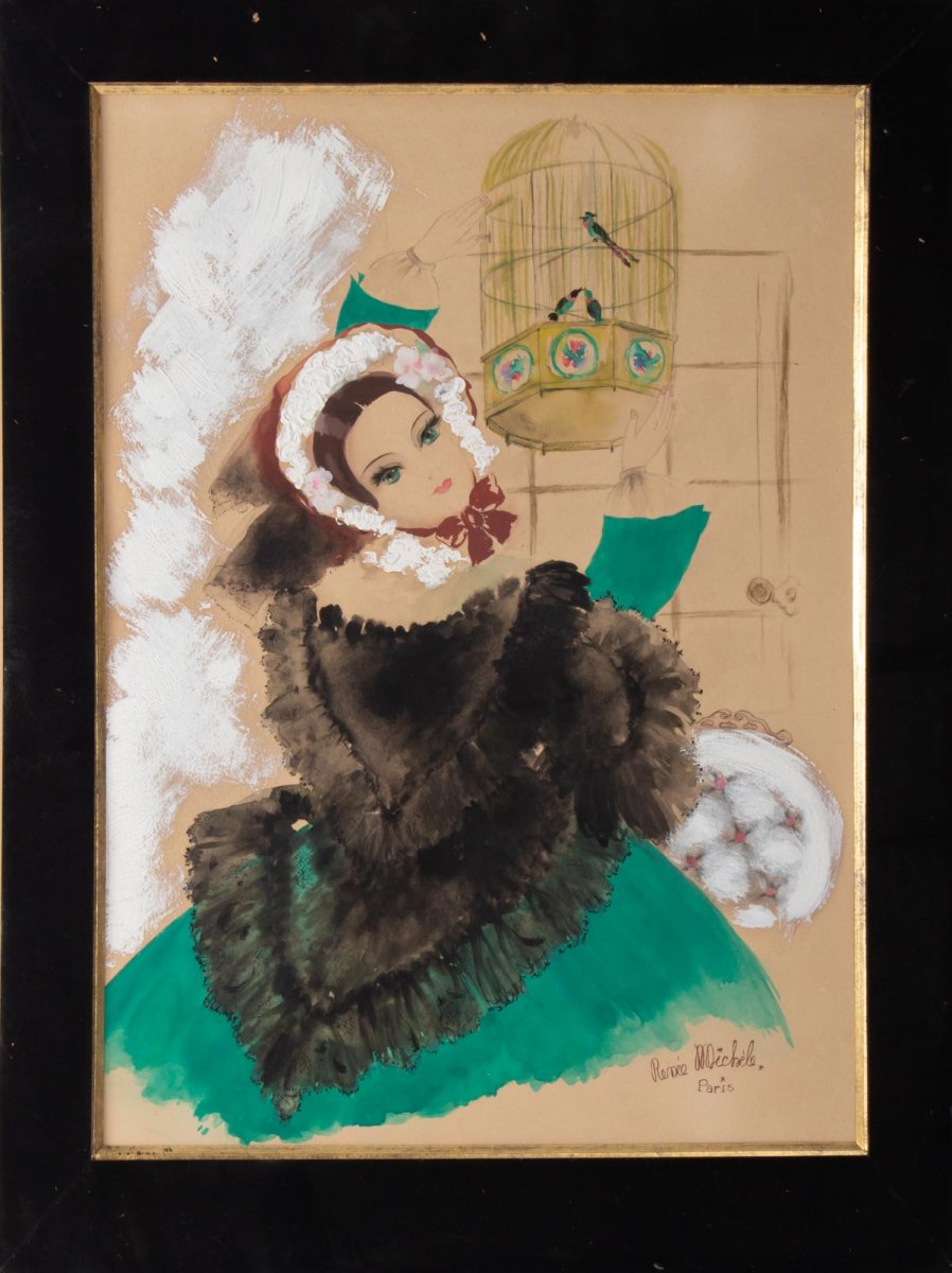 Watercolor, Belle Epoque, 1900-1920, Signed Renée Michèle, Paris