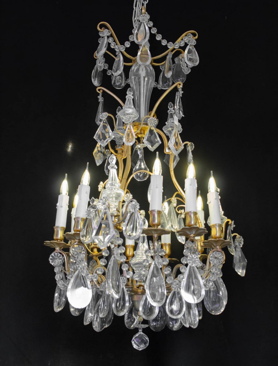 Lustre En Cristal Du XIXème Siècle, Bronze Doré, Epoque Napoléon III, Style Louis XV