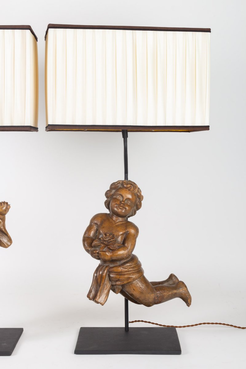 Pair Of 18th Century Carved Wooden Lovers Mounted In An Important Lamp-photo-3