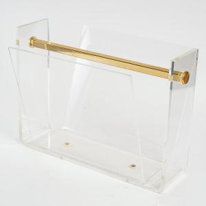 Newspaper Rack In Plexiglass And Golden Brass, Vintage.