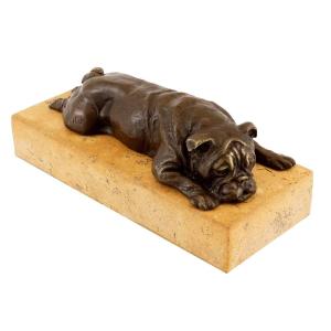 Bronze Animal Sculpture Of A Bulldog Dog, Stone Base