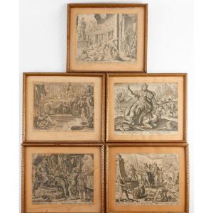 Suite Of 5 Framed Engravings, Ancient Scenes, XIXth Century.