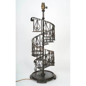 Table Lamp Representing A Spiral Staircase In Brown Patinated Metal, 20th Century.