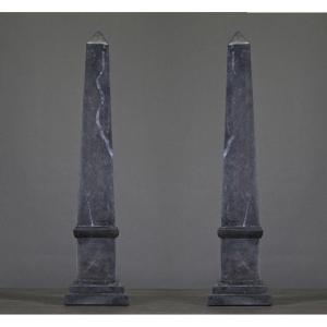 Pair Of Napoleon III Style Gray And Black Marble Obelisks, 20th Century.