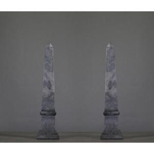 Pair Of Small Obelisks In Gray And Black Marble In Napoleon III Style, 20th Century.