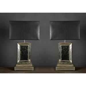 Pair Of Table Lamps In Eglomisé Mirrors, 20th Century.