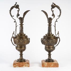 Importante Paire D’aiguières En Bronze De Style Empire, Fin Du XIXème Siècle Ou Début Du XXème