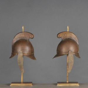 Pair Of Table Lamps Made With Half Helmets, 20th Century.