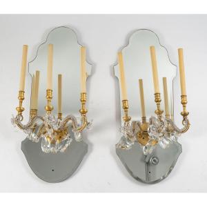 Paire D’appliques En Miroir Et Fer Doré Et Papilles De Verre, 1950-1960