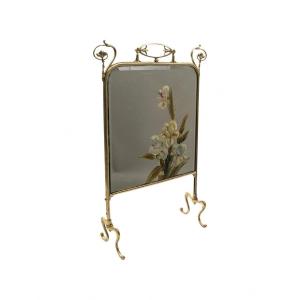 Fireplace Front, Brass Fire Screen And Painted Mirror, 20th Century.