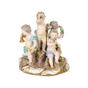 Sculpture, Groupe En Porcelaine De Meissen, Les 5 Sens, XIXème Siècle, époque Napoléon III.