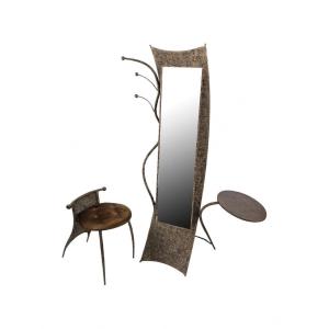 Dressing Table, Designer Coat Rack With Its Patinated Metal Chair, 20th Century.