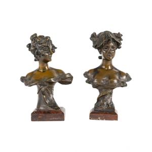 Pair Of Bronze Sculptures By Van Der Straeten, Art Nouveau, 1900.