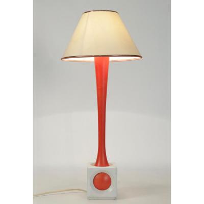 Lampe En Bois Peint Orange Et Blanc, Année 1960.