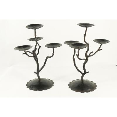 Pair Of Painted Metal Candelabra Twentieth Century Candles Simulating Tree Branches