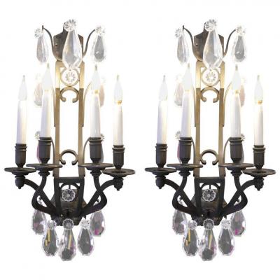Pair Of Important Sconces In Bronze With Crystals From The 19th Century. 