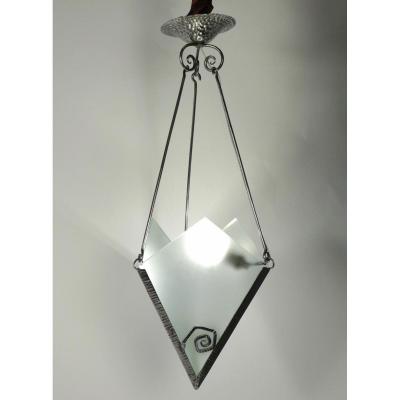 Pretty Small Art Deco Light Fixture In Etched Glass And Steel. C.1930