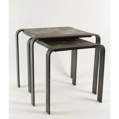 Nesting Tables Of The 1960 - 70’s In Wrought Iron And Slate.