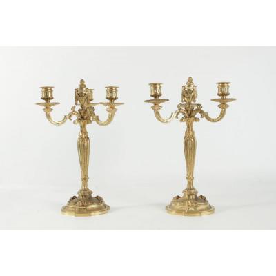 Pair Of Candelabra In The Style Of Louis XV In Gold Gilt Bronze. 19th Century. 