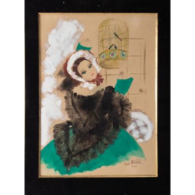 Watercolor, Belle Epoque, 1900-1920, Signed Renée Michèle, Paris