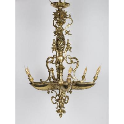 Lustre En Bronze Doré d'Epoque Napoléon III, 6 Lumières