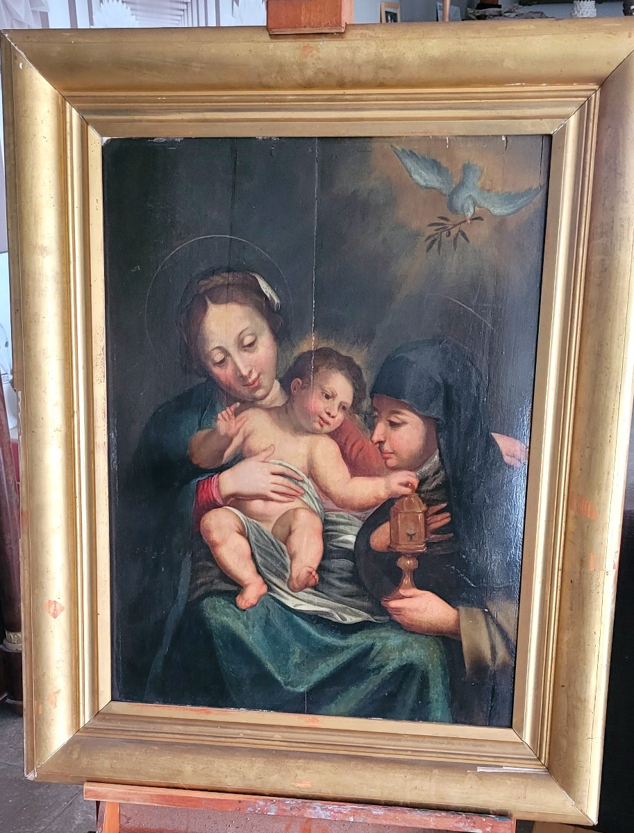 Oil On Panel "virgin And Child"