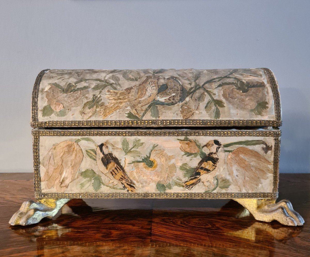 Silk-covered Casket With Decorations Depicting Birds. Tuscan Late 17th Century, Early 18th Cent