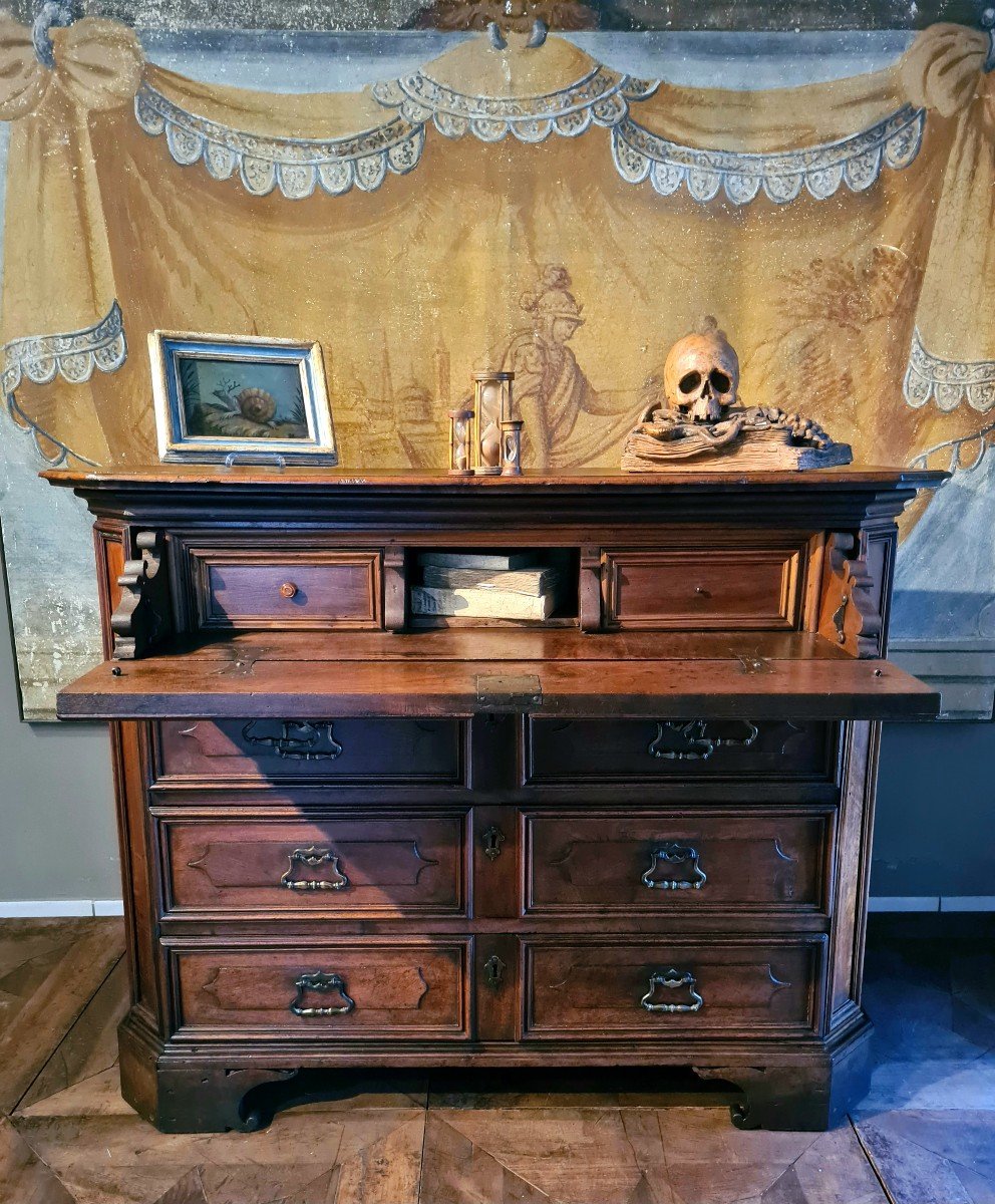 Walnet Paneled Chest Of Drawers With 17th Century Cabinet And Drawer