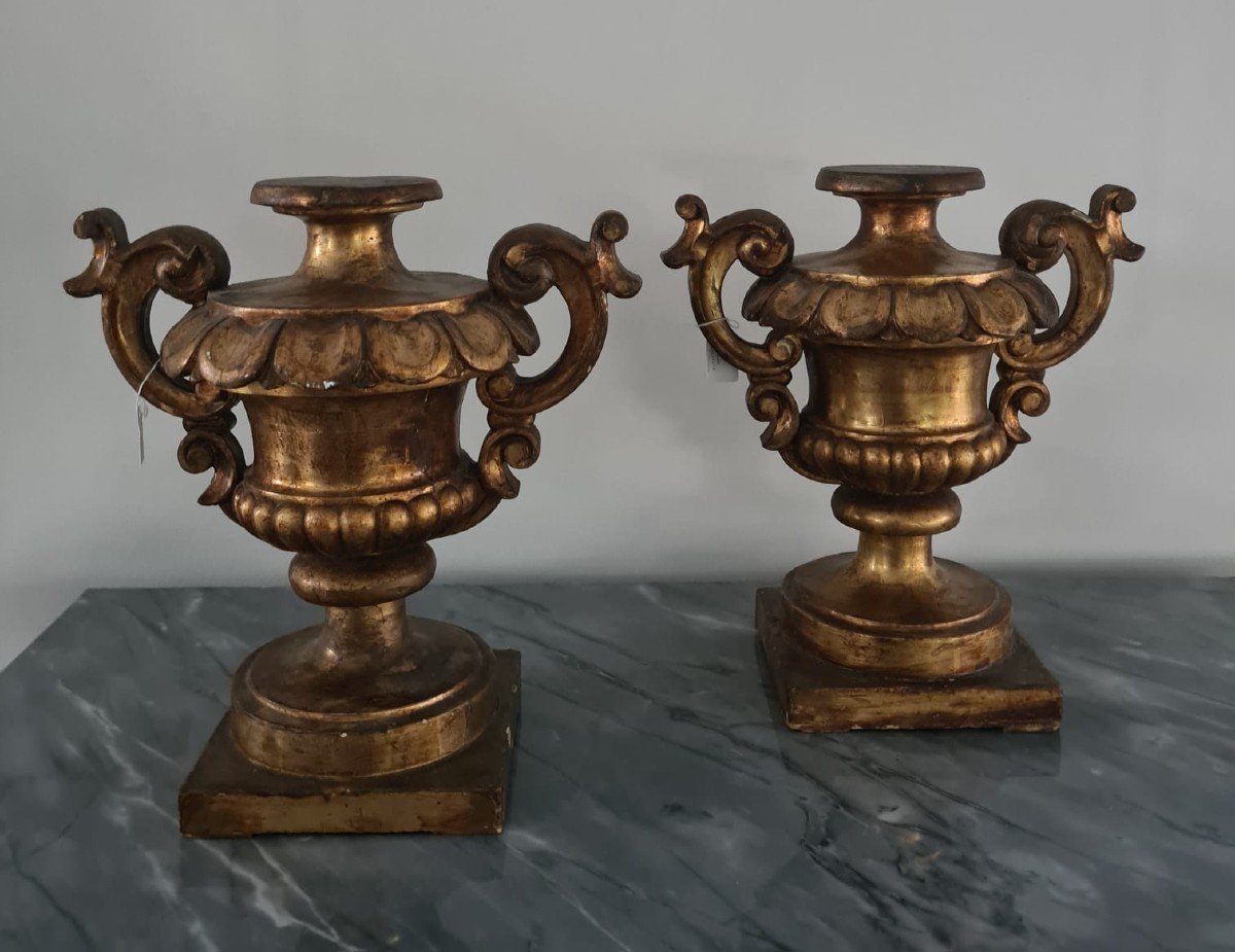 Paire Of Vases (palm Holders) With Podded Stem And Two-handle Handles