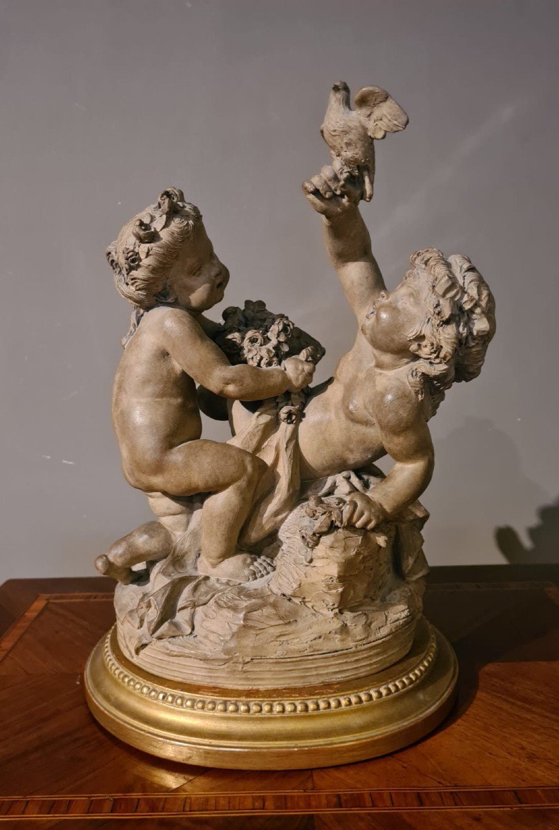 Groupe En Terre Cuite Figurant Deux Figures De Putti 19ème Siècle-photo-2