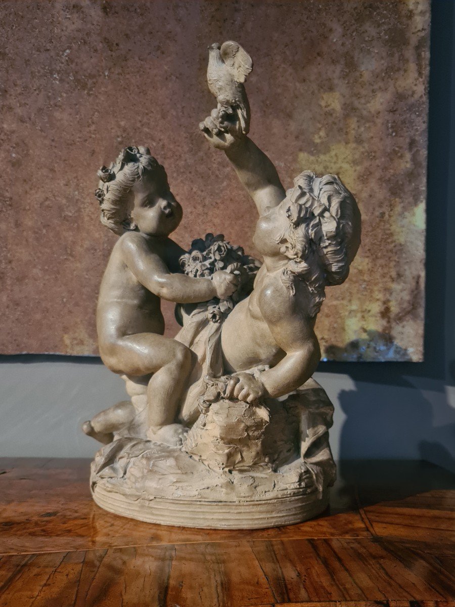 Groupe En Terre Cuite Figurant Deux Figures De Putti 19ème Siècle