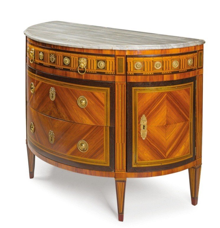 Demi-lune Commode Veneered And Inlaid In Various Woods, Turin, Late 18th Century-photo-3