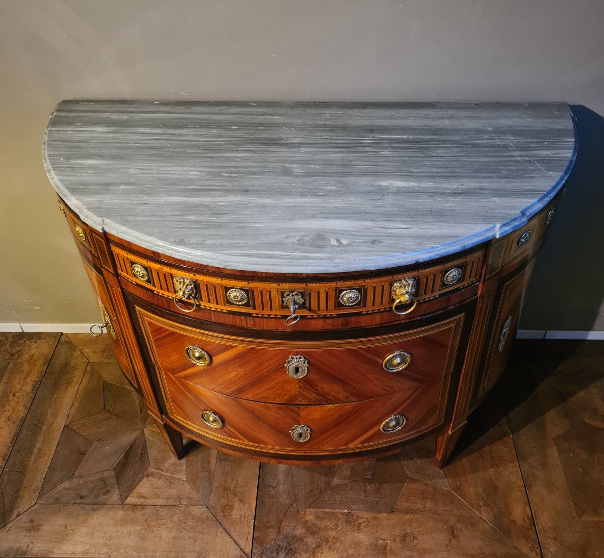 Demi-lune Commode Veneered And Inlaid In Various Woods, Turin, Late 18th Century-photo-2