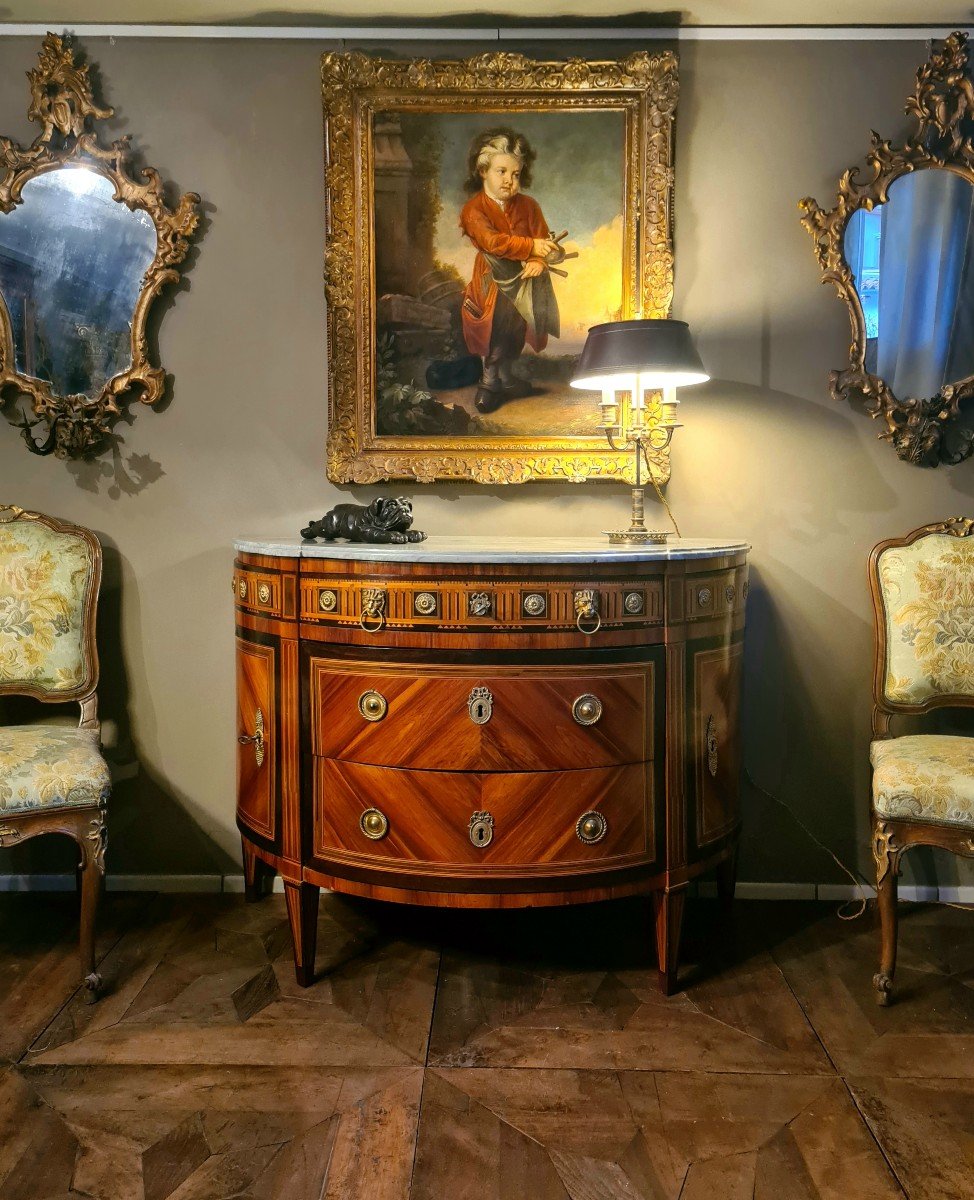 Demi-lune Commode Veneered And Inlaid In Various Woods, Turin, Late 18th Century-photo-3